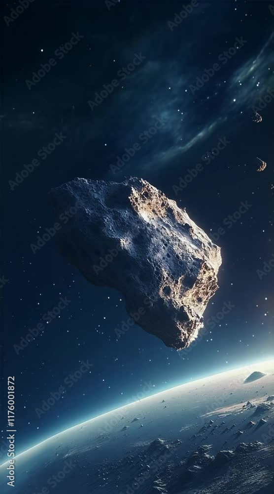 Poster large asteroid hurtling toward a planet's atmosphere, generating a cosmic threat of potential impact
