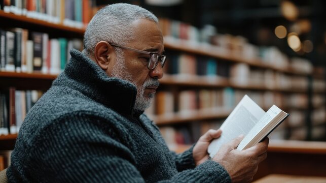 An amiable reader delves into a book within the warm embrace of a cozy, book-laden bookstore, surrounded by literature.