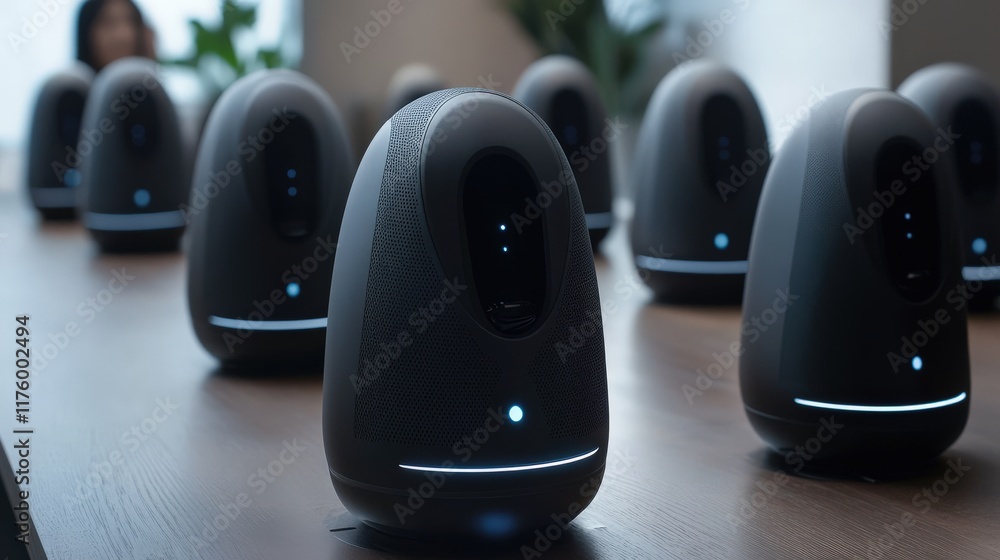 Poster futuristic smart home devices arranged neatly on table reflecting technological advancements in robo