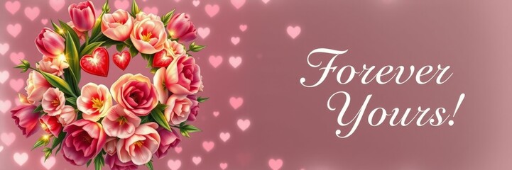 Obraz premium Flower arrangement with pink tulips and red hearts in a romantic design conveying love and affection against a soft pink background