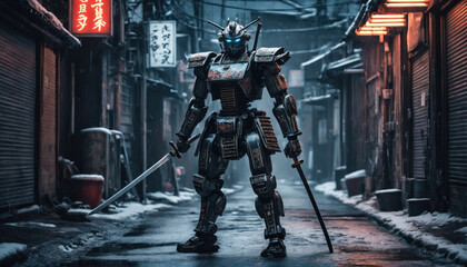 Fototapeta premium Samurai robot stands in a snow-covered alleyway under neon lights at night