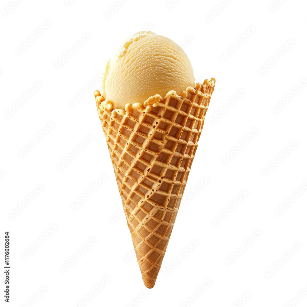 Poster unique angle of an empty waffle ice cream cone with a scoop of vanilla ice cream in a bright setting