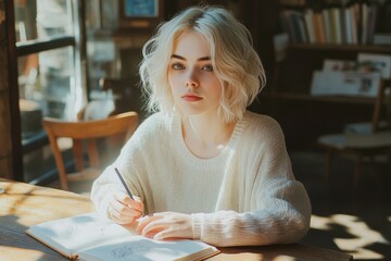 Young woman with platinum blonde hair sketching at wooden table