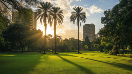 Fototapeta premium Peaceful Green Space in the Heart of an African City with Expansive Lawns, Tall Palm Trees, and Walking Trails Illuminated by Warm African Sunlight, Framed by Sleek Modern Apartments