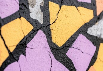 割れた壁に描かれたカラフルなモザイク模様の近景
