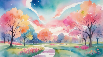 Watercolor playful park scene with swirling pastel strokes in sky and vibrant blooming colors