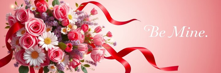 Bouquet of pink roses and flowers adorned with ribbons conveying romantic feelings representing love and affection against a soft pink background