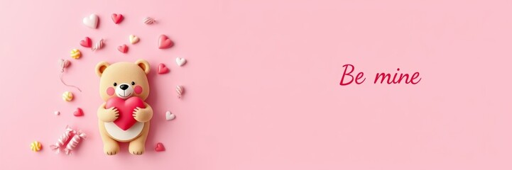 Obraz premium Cute cartoon bear holding a red heart surrounded by colorful hearts and candy on a soft pink background