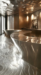 Modern interior design with sleek metallic curved counters and floor.