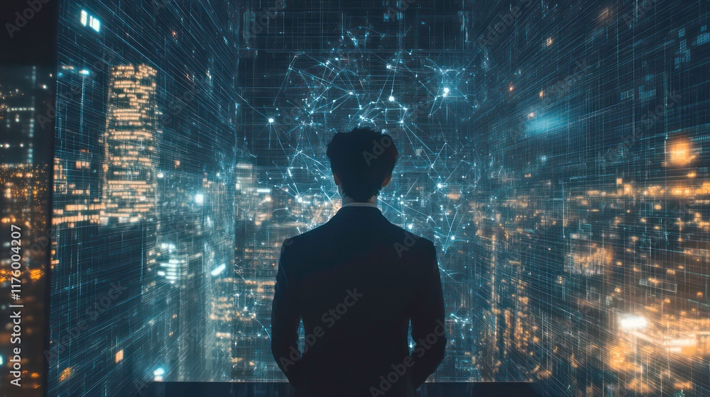 Poster businessman using virtual metaverse and future digital technology , virtual global internet connecti