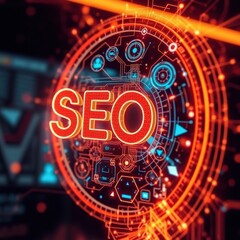 Dynamic and visually striking representation of "SEO" set against a backdrop of intricate circuit patterns. The letters "SEO" are prominently displayed in a bold and modern font