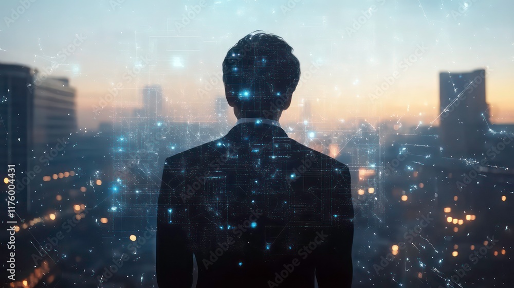 Poster businessman using virtual metaverse and future digital technology , virtual global internet connecti