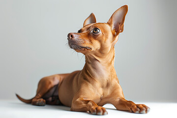 pet photography, a high-quality image of a red-tan miniature pinscher pup laying on a clean white surface in a studio setting no watermarks or text in the picture