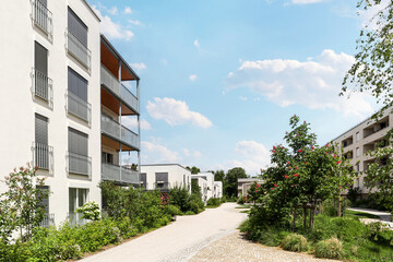 Cityscape of a residential area with modern sustainable apartment buildings, new green urban landscape in the city