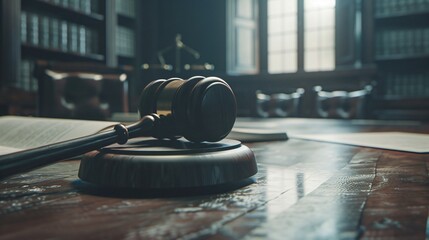 Close-up of a gavel resting on a wooden desk with legal documents, symbolizing law changes and judicial decisions in the legal system.