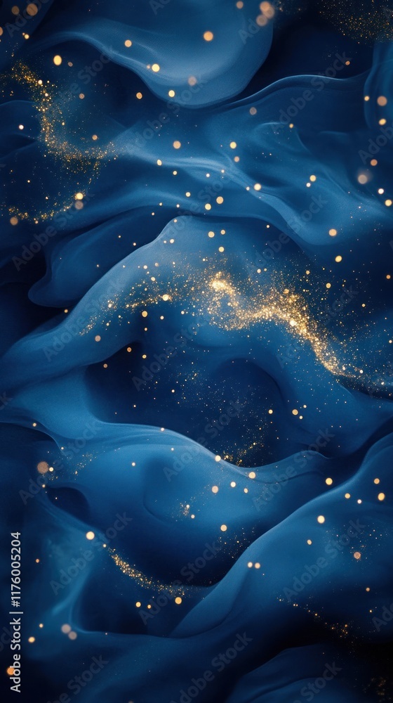 Poster abstract blue fabric waves with golden sparkles and shimmering light effects for elegant background 