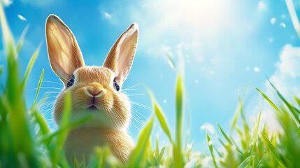 Rabbit exploring green grass under a bright blue sky