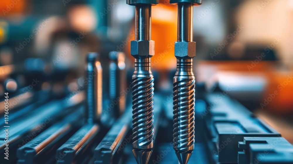 Poster close-up view of precision machining tools with spiral flutes and metal finish in a workshop environ