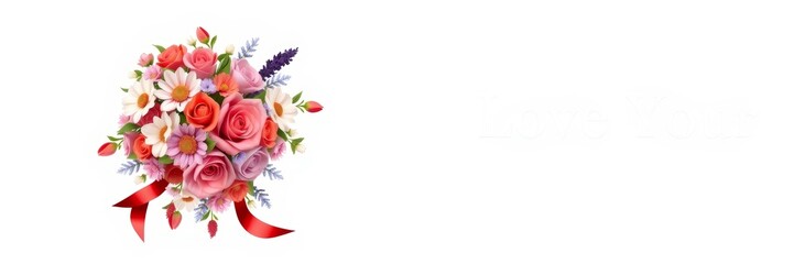 Bouquet of colorful roses and flowers adorned with a ribbon conveying love and romance against a clean white background