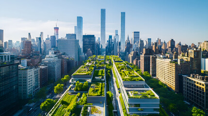 Obraz premium Urban Harmony: Aerial Perspective of City Life with Skyscrapers and Green Rooftops