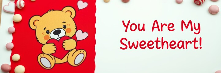 Obraz premium Cute cartoon bear holding a red heart in a cheerful design, conveying love and affection, represents a sweet Valentine's Day sentiment on a vibrant red background