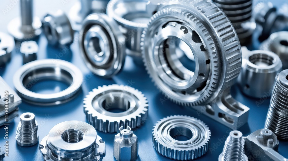 Poster close-up view of diverse metallic mechanical parts and components for industrial use and engineering