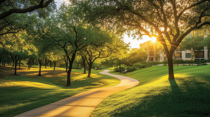 Obraz premium Peaceful Park in Texas at Sunset with Winding Pathways, Texas Oaks, and Golden Light Filtering Through Trees, Framed by Sleek Contemporary Apartment Buildings