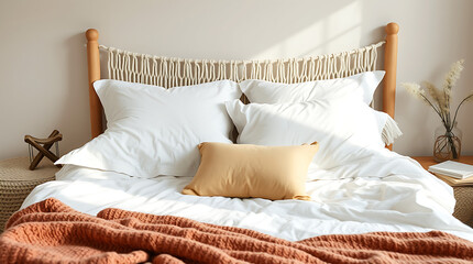 A made bed with white linen bedding, a mustard-yellow pillow, and a terracotta-colored knit throw blanket.  The bed features a light wood frame with a macrame headboard.