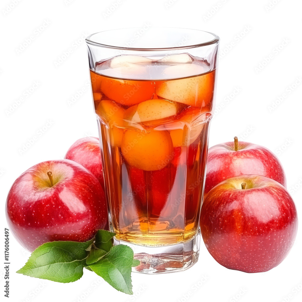 Poster refreshing apple juice with red apples isolated on transparent background for beverage enjoyment, ap