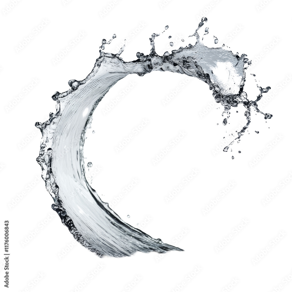 Poster a stunning curve of water splash creating an elegant shape with droplets in mid air against a soft, 