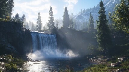 Fototapeta premium Serene waterfall cascading down rocky cliff face into a tranquil pool, surrounded by lush evergreen forest and misty mountain backdrop.