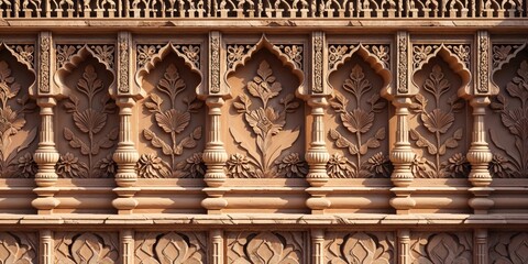 Carved Indian sandstone wall with floral patterns and columns in warm light