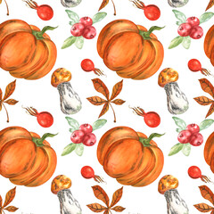 Autumn watercolor pattern with pumpkin, leaves, berries on a white background. Watercolor. Handmade. Can be used on packaging, stickers, compositions