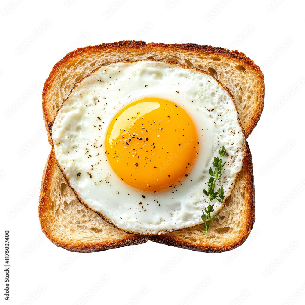 Aufkleber top view of toasted bread topped with a sunny side up egg and seasoning on a clean transparent surfa