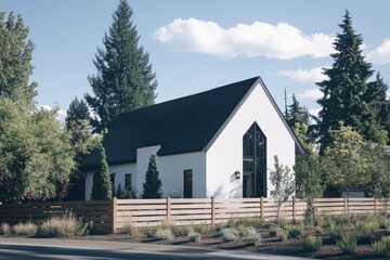 Obraz premium Modern white house with unique architecture surrounded by trees and a wooden fence under a blue sky in a suburban neighborhood