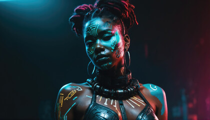 Naklejka premium Celebrating cultural heritage through vibrant body art in a modern setting during a lively gathering