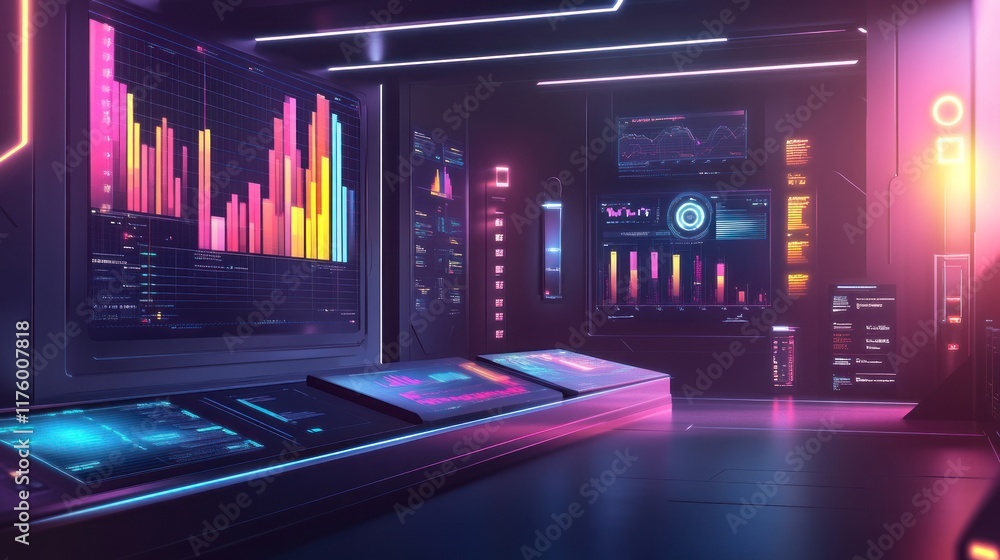 Poster futuristic digital workspace with vibrant data visualizations, glowing interface, and high-tech anal
