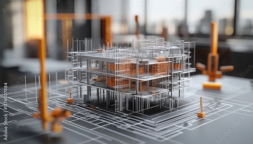 Poster a 3d architectural model showcasing a building's structural design and layout.