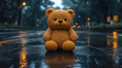 Lonely teddy bear sitting in rain.