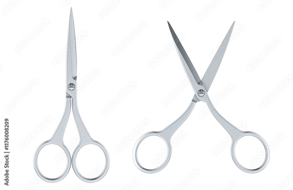 Aufkleber metallic scissors, opened and closed, top views. 3d rendering isolated on transparent background