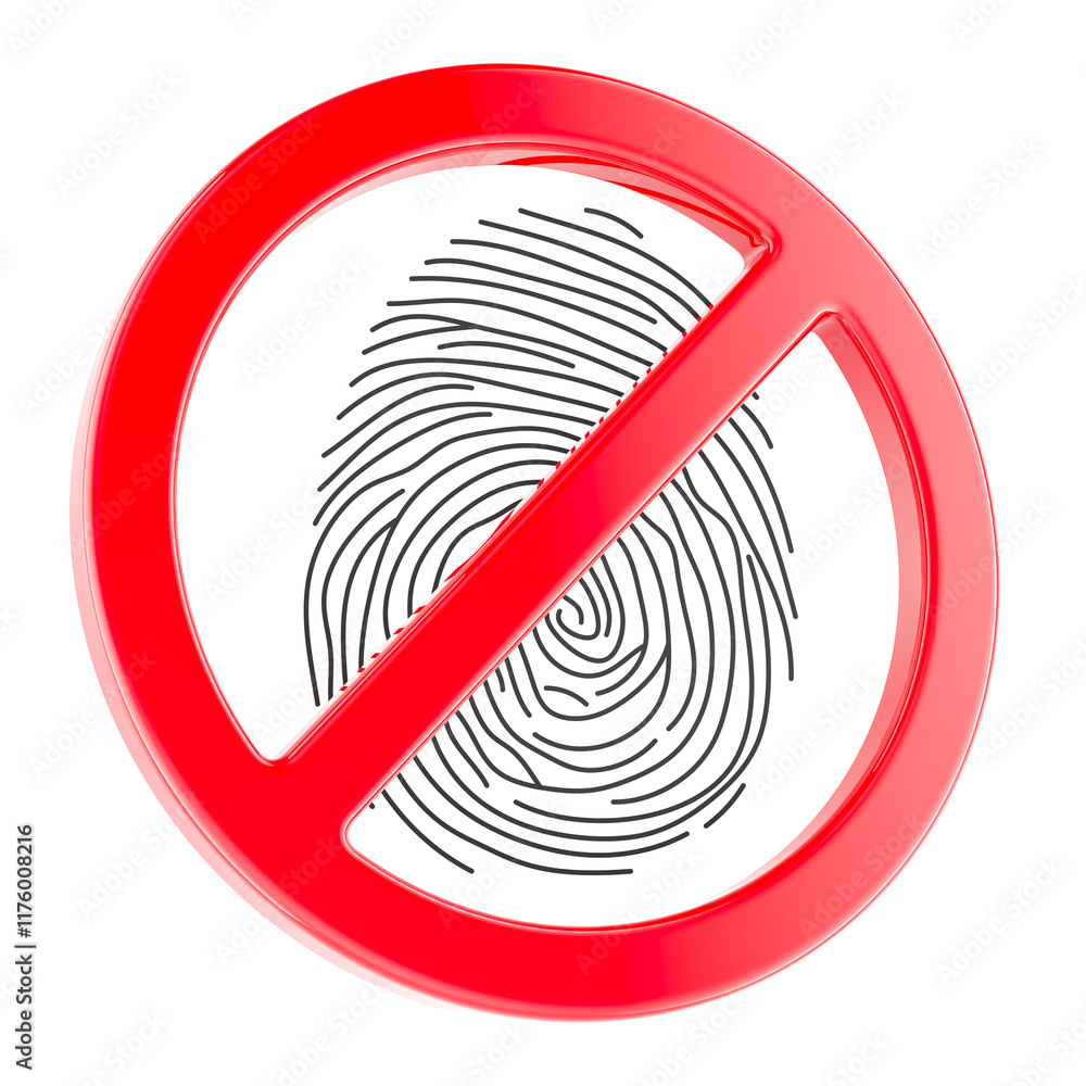 Poster forbidden sign with fingerprint. 3d rendering isolated on transparent background
