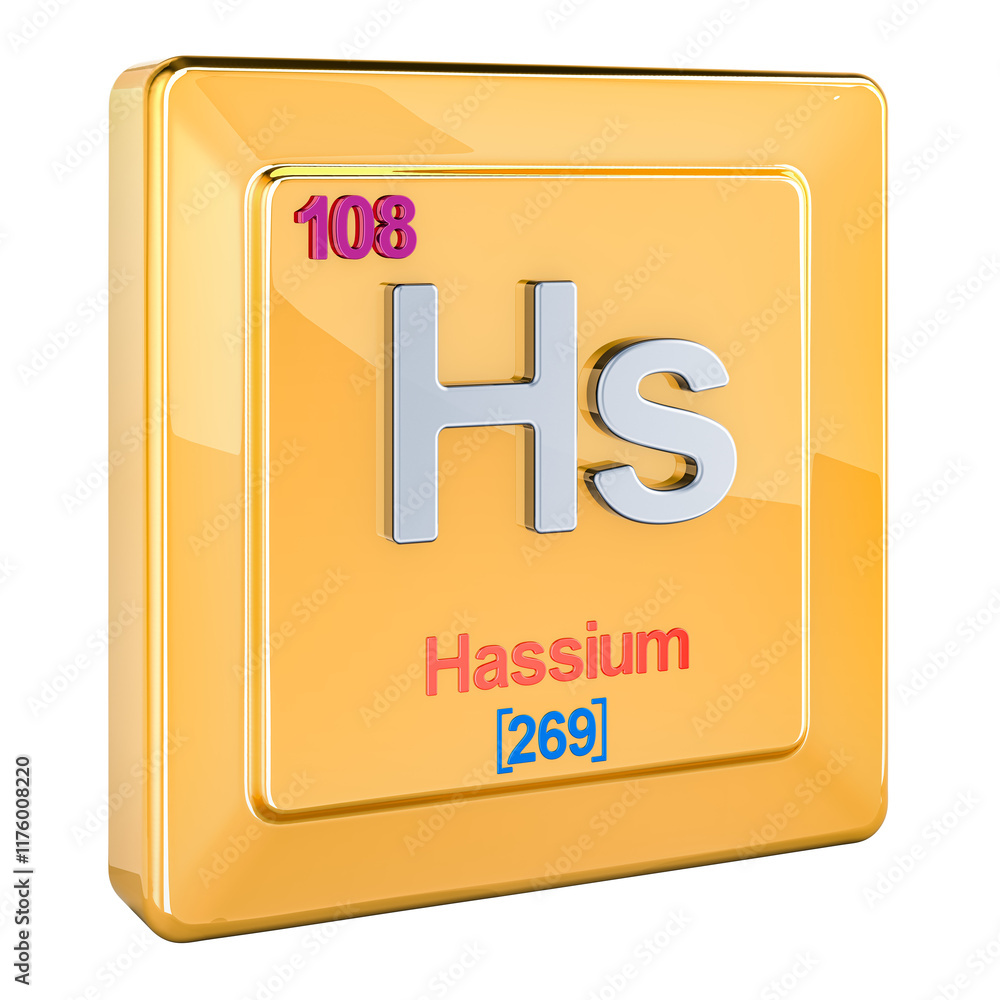 Poster hassium hs, chemical element sign with number 108 in periodic table. 3d rendering isolated on transp
