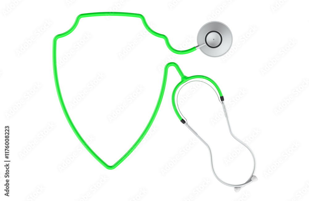 Poster stethoscope with shield shape from cord. healthcare insurance, concept. 3d rendering isolated on tra