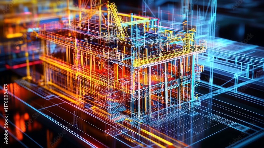 Poster 3d architectural visualization of a building with vibrant wireframe design.