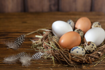 Easter eggs in a nest on a wooden background Greeting Easter card. Chicken and quail eggs. rustic style