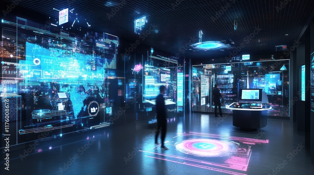 Poster futuristic technology interface in a modern digital space with interactive data visualizations and h