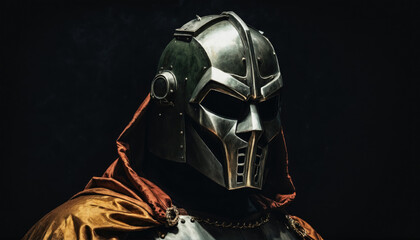Unique armored character wearing a metallic helmet and brown cloak against a dark background