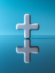 Obraz premium Plus sign reflected on a glossy blue surface