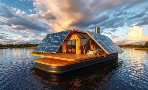 Floating solar-powered tiny house, modern houseboat, eco-friendly dwelling, sunset on a calm lake, reflective water surface, dramatic sky with colorful clouds, sustainable living, off-grid architectur