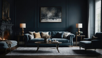 Cozy living room with dark walls and elegant furnishings in a serene setting during the evening hours